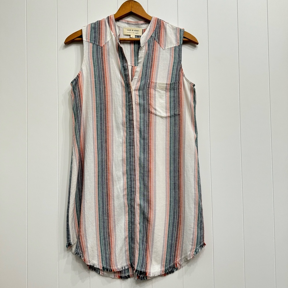 Anthropologie Cloth & Stone Linen Blend Striped Raw Hem Mini Tunic Shirt Dress S